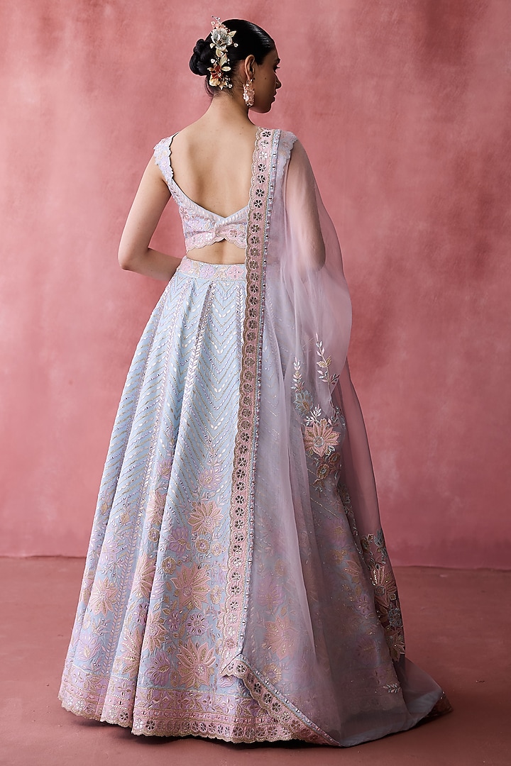 Powder Blue Slub Silk Gota & Mirror Embroidered Wedding Lehenga Set by Suhino at Pernia's Pop Up Shop