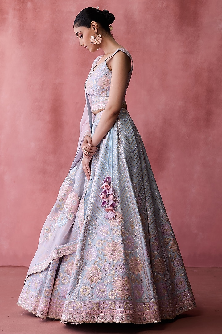 Powder Blue Slub Silk Gota & Mirror Embroidered Wedding Lehenga Set by Suhino at Pernia's Pop Up Shop