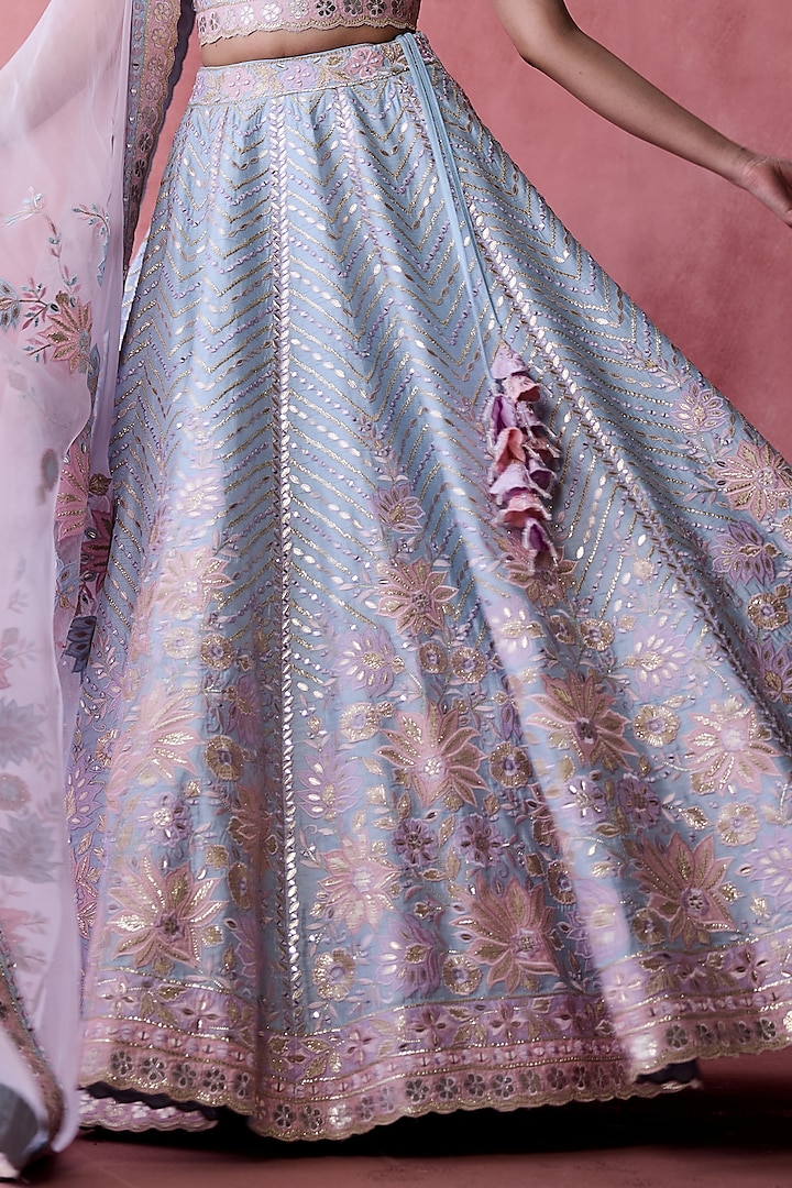 Powder Blue Slub Silk Gota & Mirror Embroidered Wedding Lehenga Set by Suhino at Pernia's Pop Up Shop