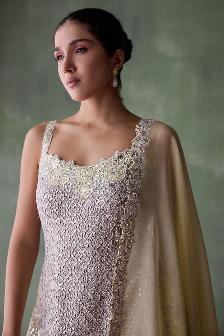 Grey Organza Resham & Mirror Embroidered Wedding Sharara Set by Suhino at Pernia's Pop Up Shop