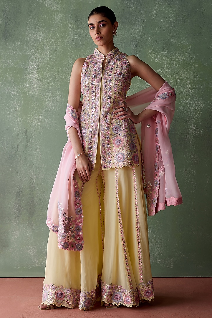 Yellow Organza Resham & Mirror Embroidered Wedding Sharara Set by Suhino at Pernia's Pop Up Shop