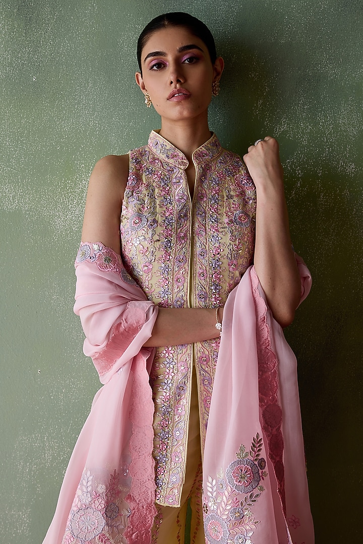 Yellow Organza Resham & Mirror Embroidered Wedding Sharara Set by Suhino at Pernia's Pop Up Shop