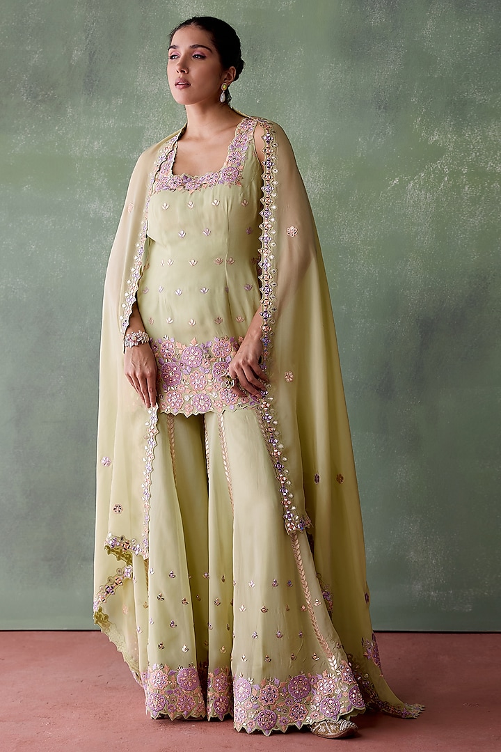 Green Organza Resham & Mirror Embroidered Wedding Sharara Set by Suhino at Pernia's Pop Up Shop