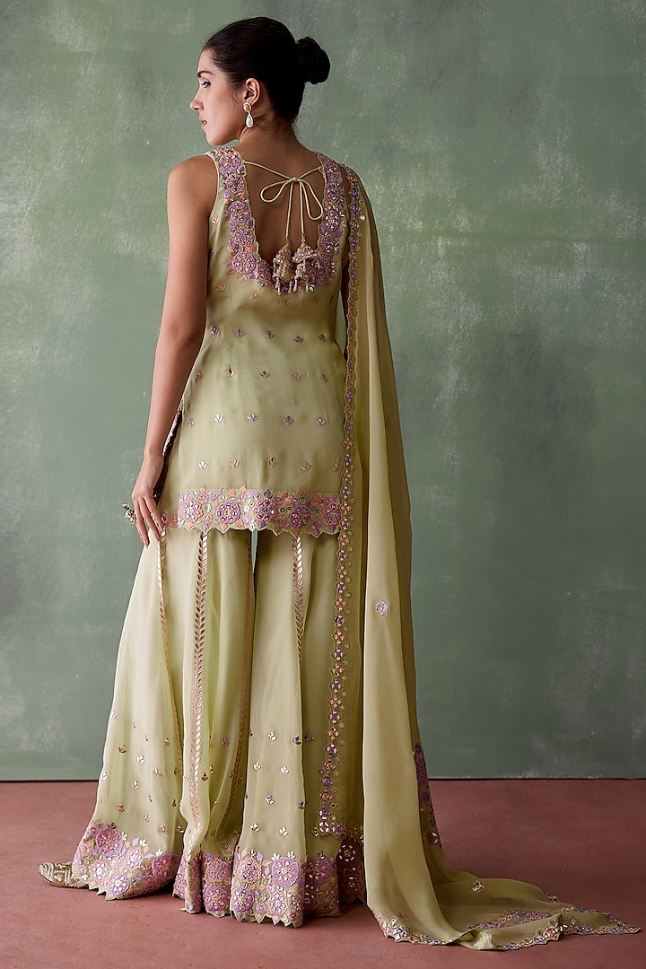 Green Organza Resham & Mirror Embroidered Wedding Sharara Set by Suhino at Pernia's Pop Up Shop