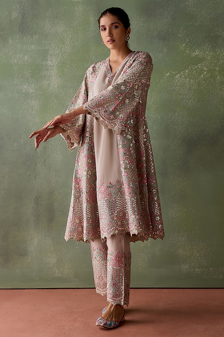 Grey Organza Resham & Mirror Embroidered Kurta Set by Suhino at Pernia's Pop Up Shop