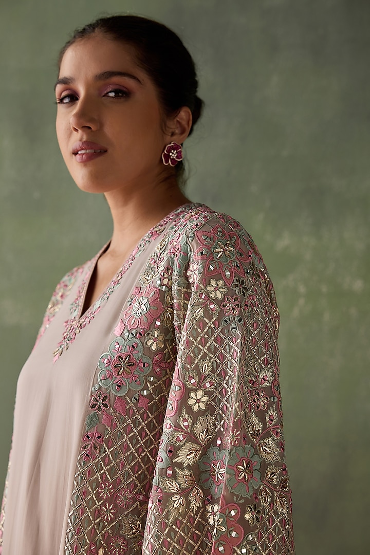 Grey Organza Resham & Mirror Embroidered Kurta Set by Suhino at Pernia's Pop Up Shop