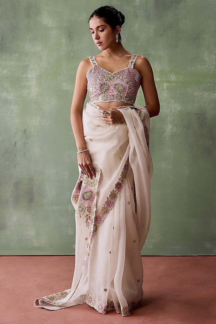 White Organza Resham & Mirror Embroidered Saree Set by Suhino at Pernia's Pop Up Shop