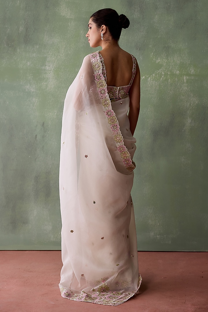 White Organza Resham & Mirror Embroidered Wedding Saree Set by Suhino at Pernia's Pop Up Shop