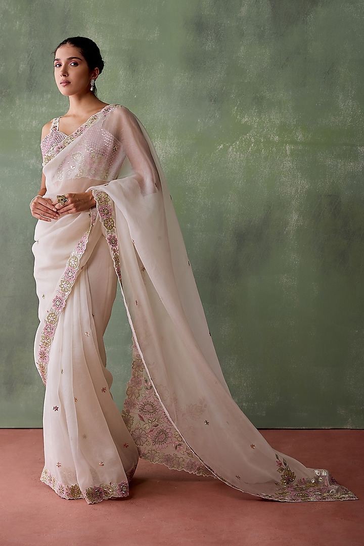 White Organza Resham & Mirror Embroidered Wedding Saree Set by Suhino at Pernia's Pop Up Shop