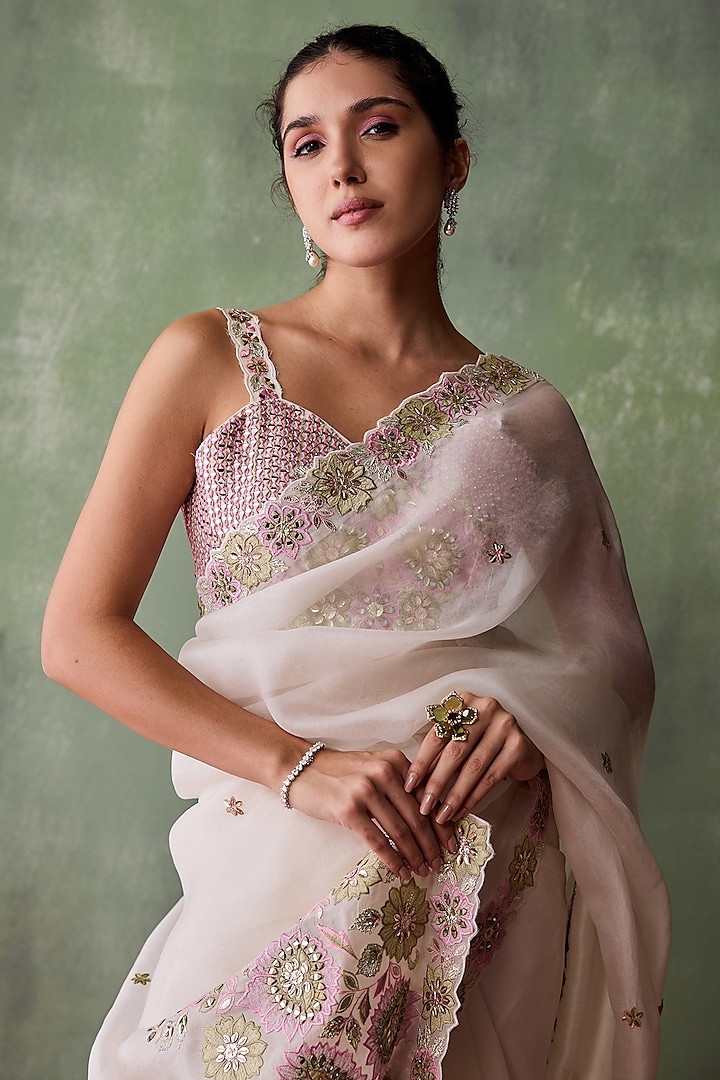 White Organza Resham & Mirror Embroidered Wedding Saree Set by Suhino at Pernia's Pop Up Shop