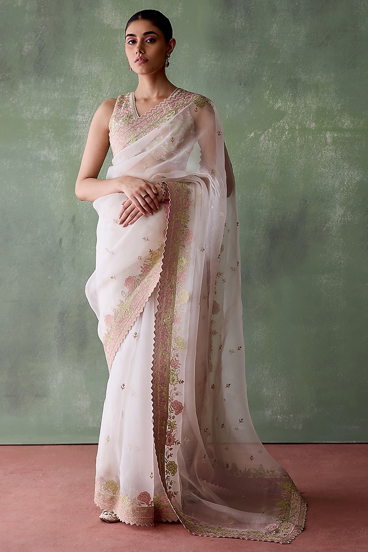 White Organza Aari & Zari Embroidered Saree Set by Suhino at Pernia's Pop Up Shop