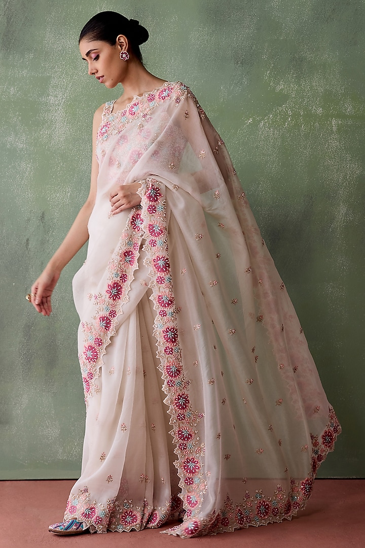 White Organza Resham & Pearl Embroidered Saree Set by Suhino at Pernia's Pop Up Shop