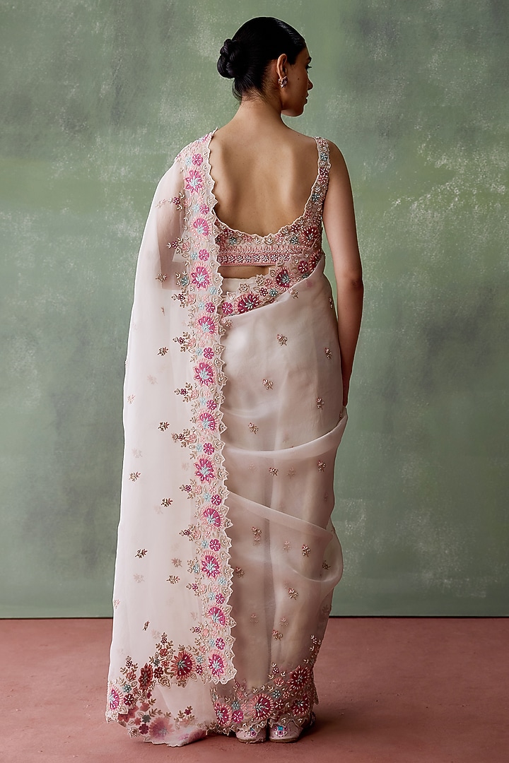White Organza Resham & Pearl Embroidered Wedding Saree Set by Suhino at Pernia's Pop Up Shop