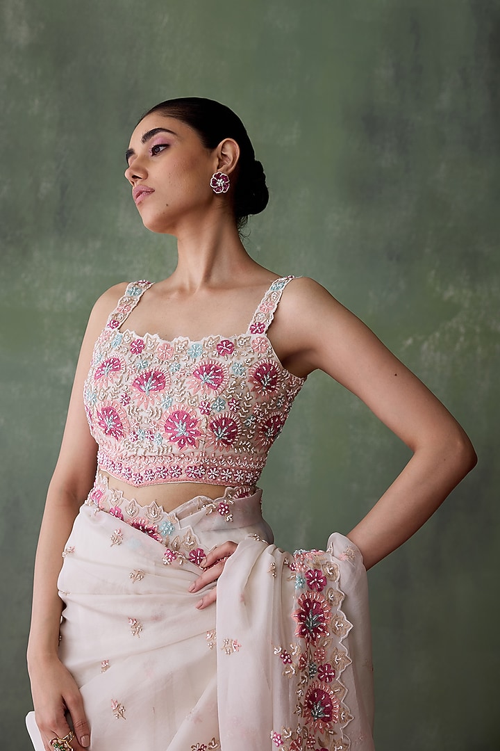 White Organza Resham & Pearl Embroidered Wedding Saree Set by Suhino at Pernia's Pop Up Shop