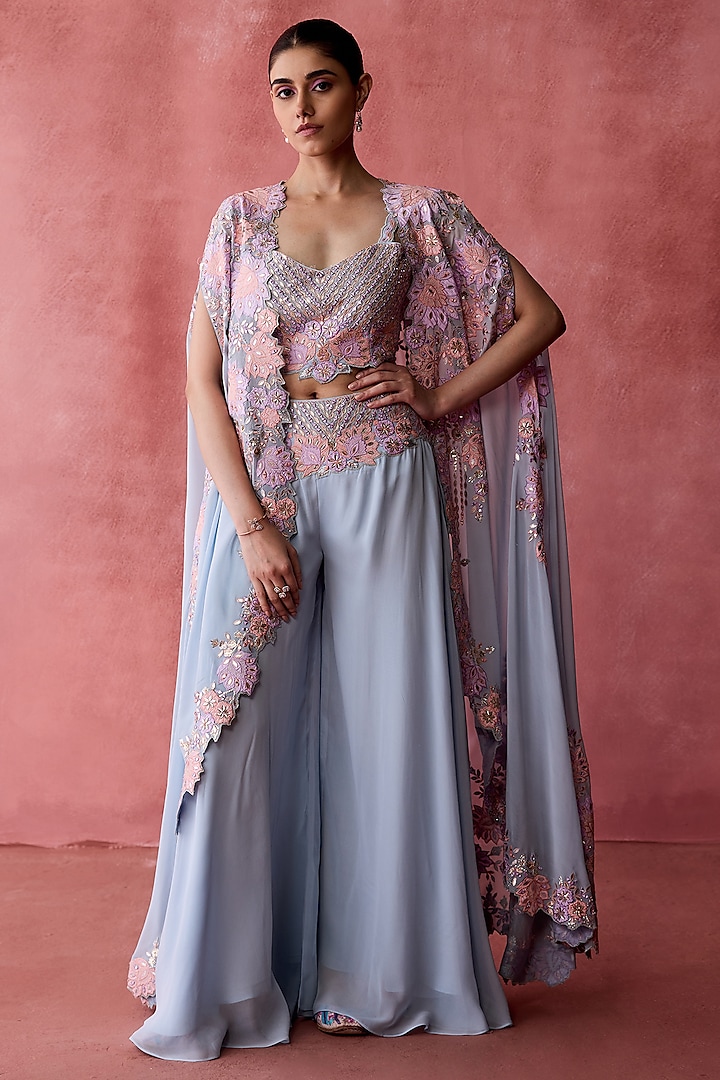 Powder Blue Georgette Resham Embroidered Cape Set by Suhino at Pernia's Pop Up Shop