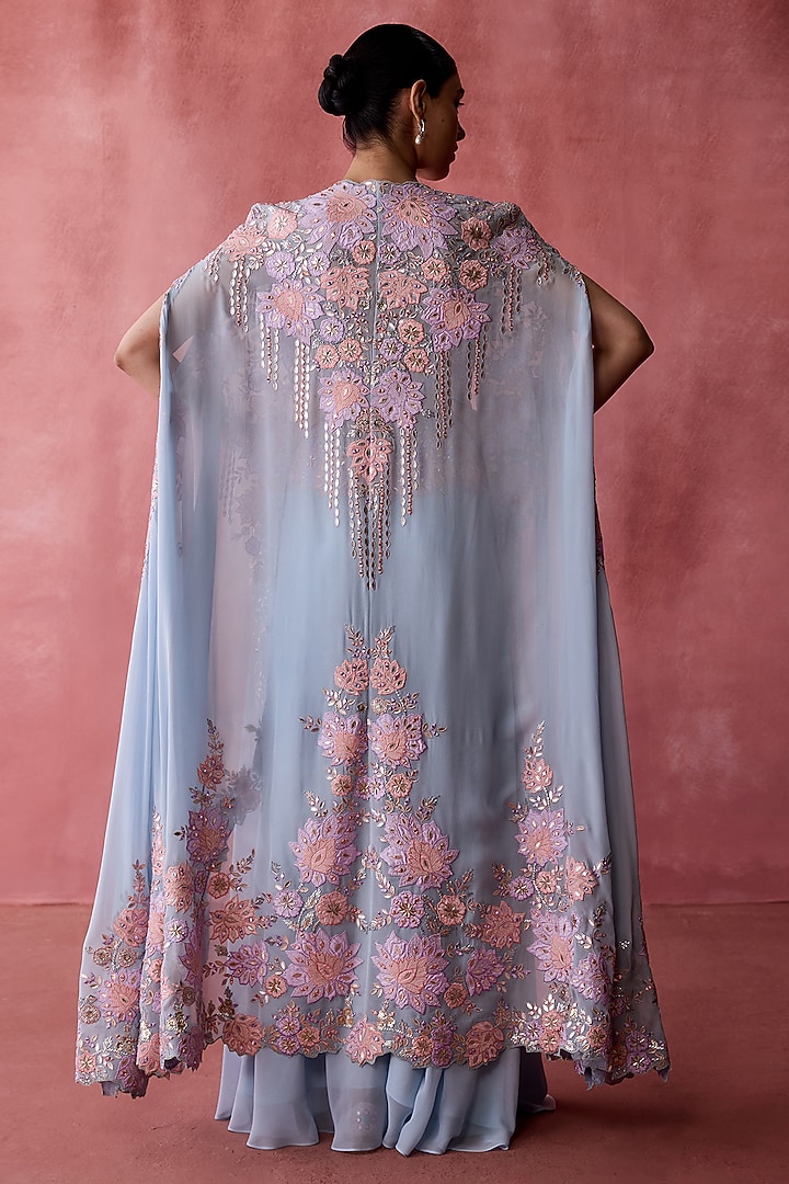 Powder Blue Georgette Resham Embroidered Cape Set by Suhino at Pernia's Pop Up Shop