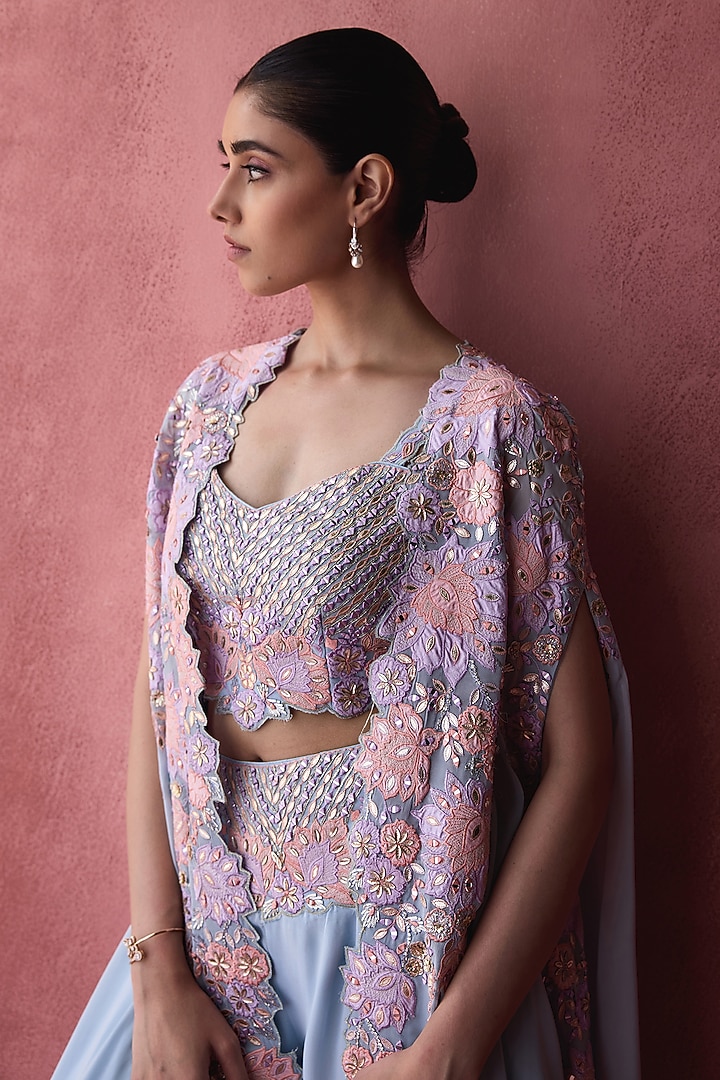 Powder Blue Georgette Resham Embroidered Cape Set by Suhino at Pernia's Pop Up Shop