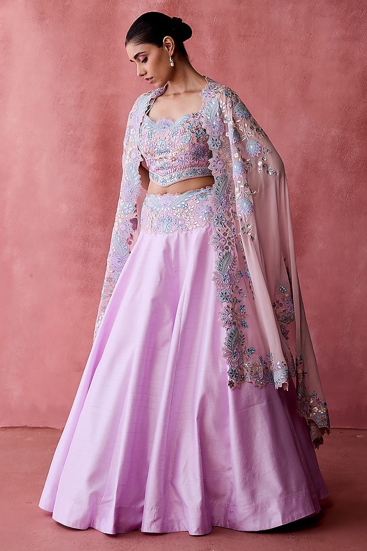 Pink Slub Silk & Georgette Resham Embroidered Jacket Lehenga Set by Suhino