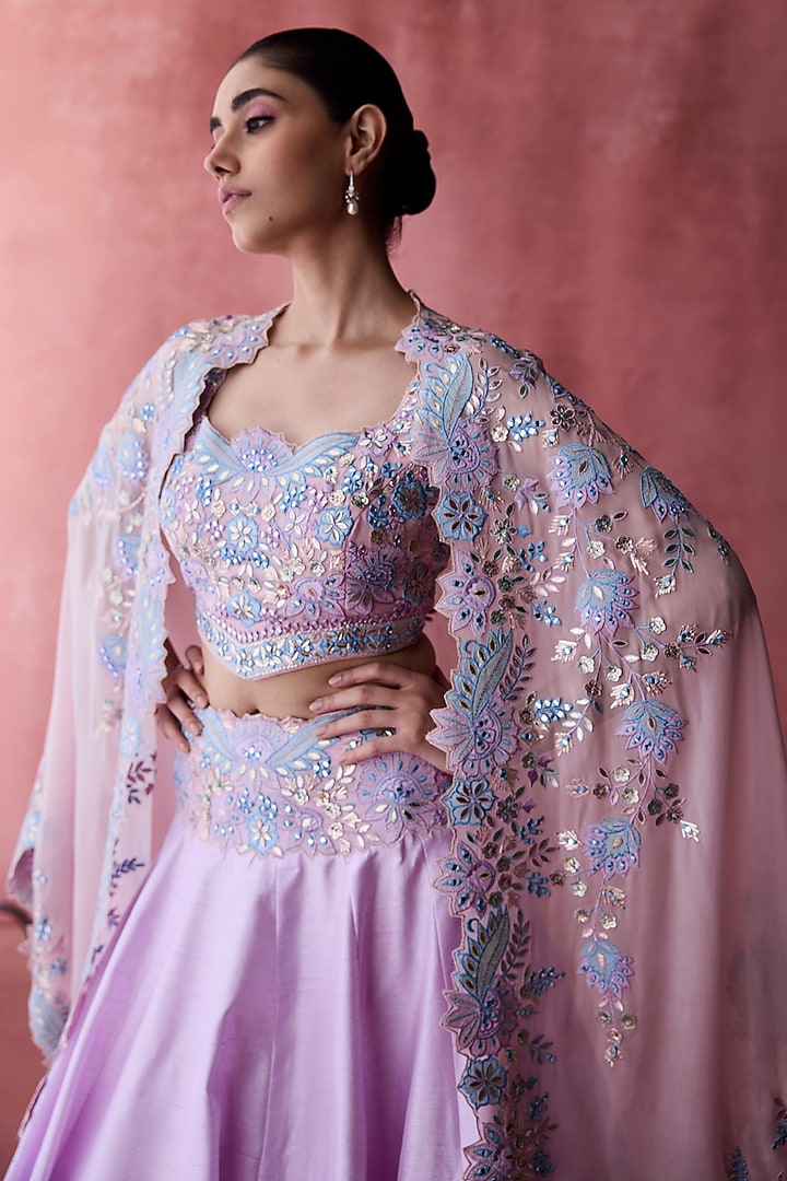 Pink Slub Silk & Georgette Resham Embroidered Jacket Wedding Lehenga Set by Suhino at Pernia's Pop Up Shop