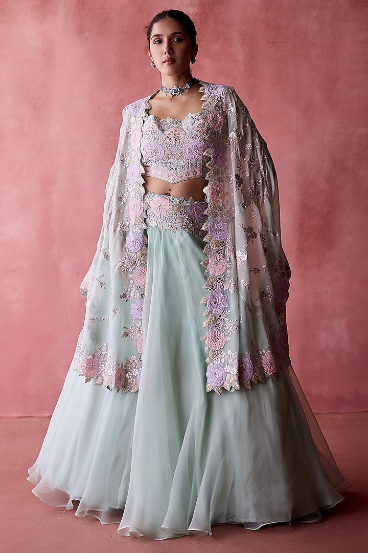 Aqua Organza & Georgette Resham Embroidered Jacket Wedding Lehenga Set by Suhino at Pernia's Pop Up Shop