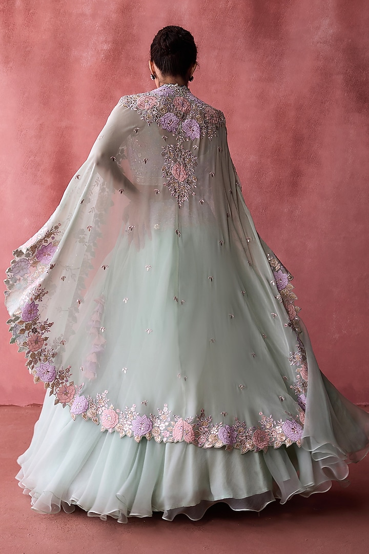 Aqua Organza & Georgette Resham Embroidered Jacket Wedding Lehenga Set by Suhino at Pernia's Pop Up Shop