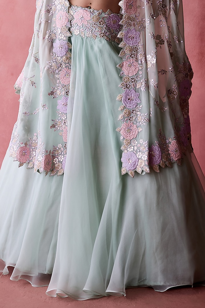Aqua Organza & Georgette Resham Embroidered Jacket Wedding Lehenga Set by Suhino at Pernia's Pop Up Shop