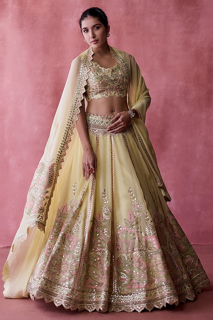 Yellow Organza Gota & Resham Embroidered Lehenga Set by Suhino