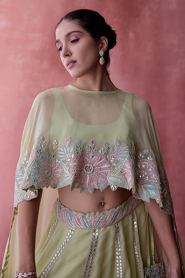 Green Organza Mirror Embroidered Jacket Wedding Lehenga Set by Suhino at Pernia's Pop Up Shop