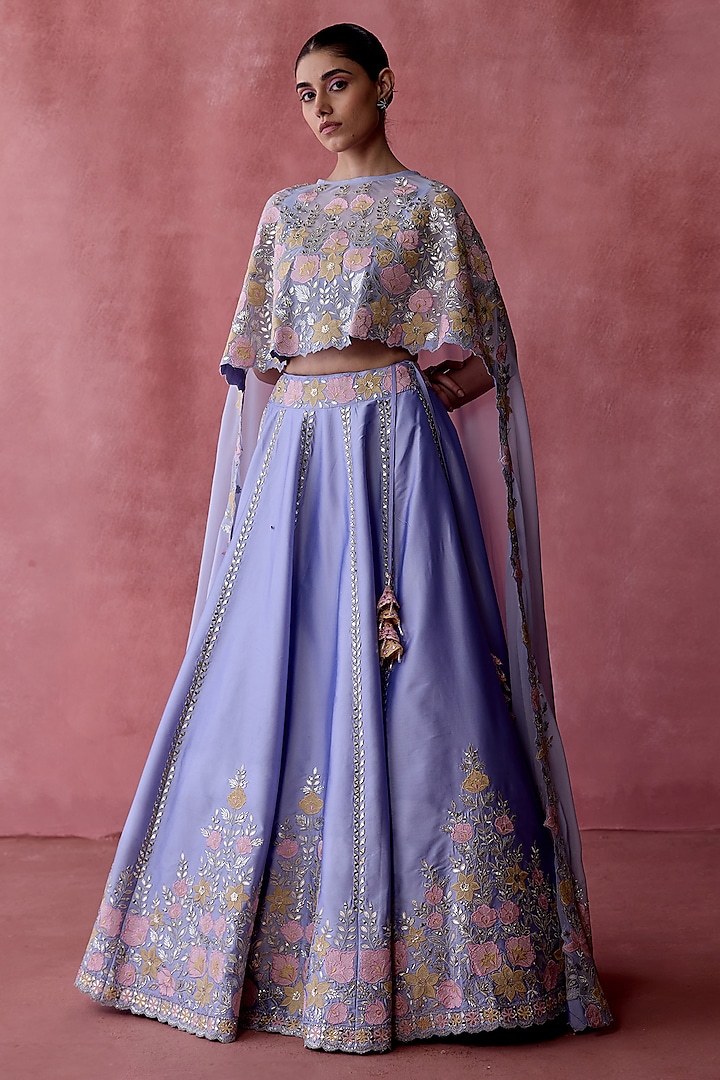 Violet Slub Silk & Organza Resham Embroidered Jacket Lehenga Set by Suhino