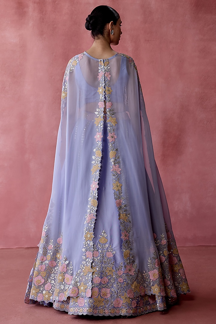 Violet Slub Silk & Organza Resham Embroidered Jacket Wedding Lehenga Set by Suhino at Pernia's Pop Up Shop
