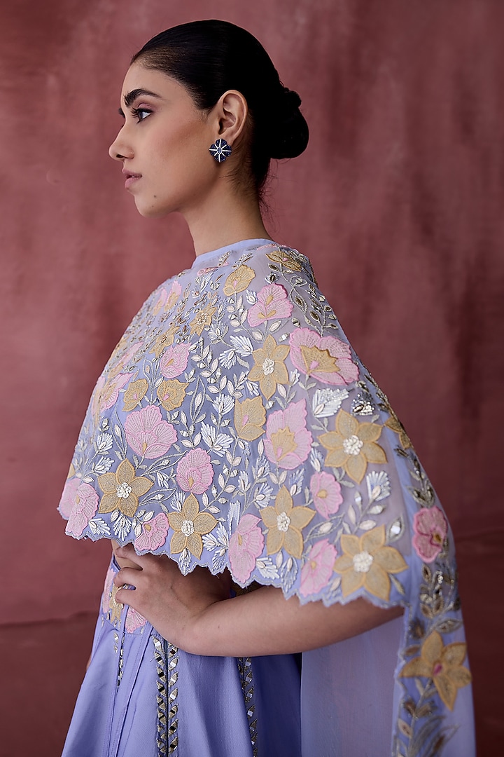 Violet Slub Silk & Organza Resham Embroidered Jacket Wedding Lehenga Set by Suhino at Pernia's Pop Up Shop