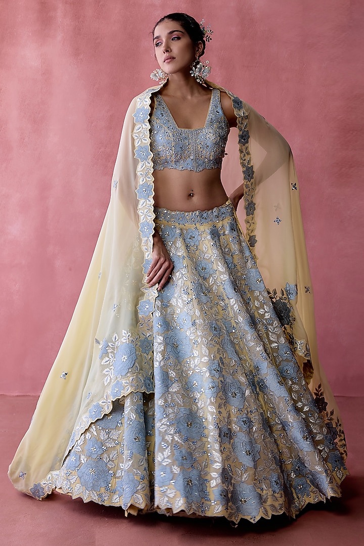 Yellow Organza Gota & Resham Embroidered Lehenga Set by Suhino