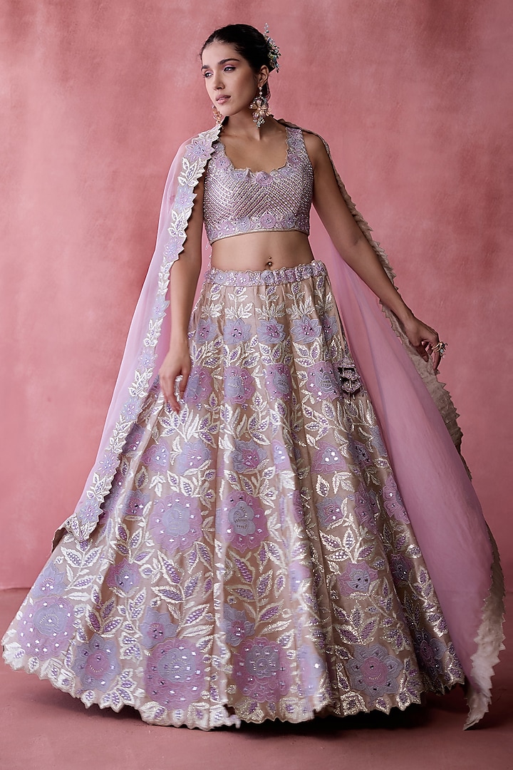 Champagne Slub Silk Gota & Resham Embroidered Lehenga Set by Suhino