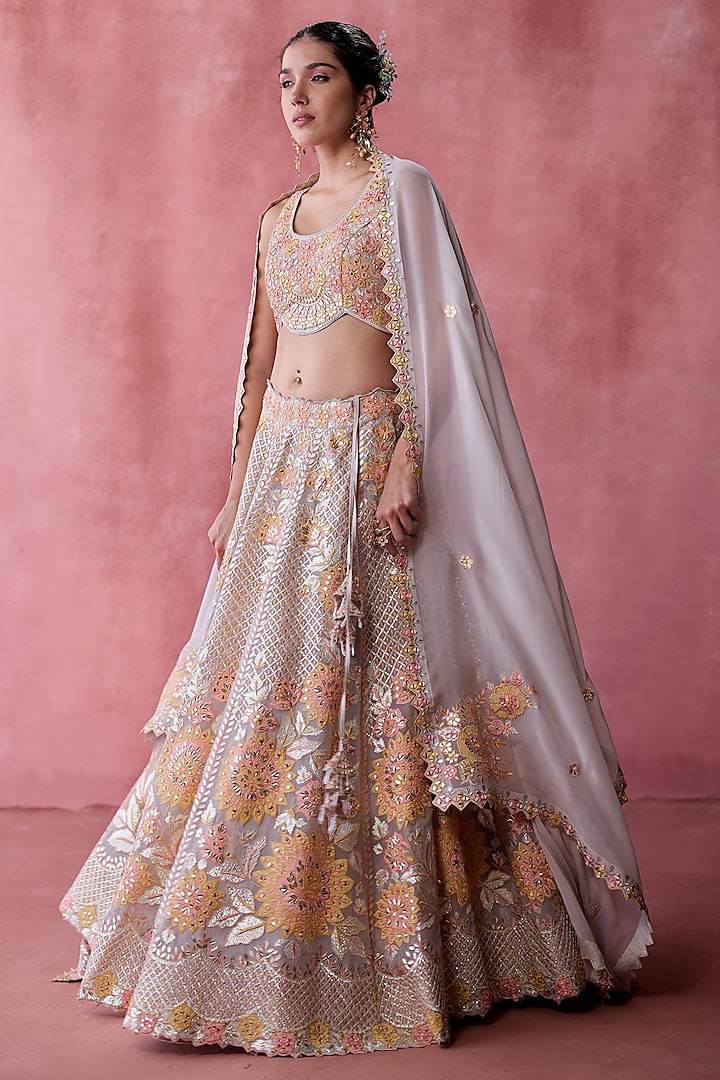 Grey Organza Gota & Resham Embroidered Lehenga Set by Suhino