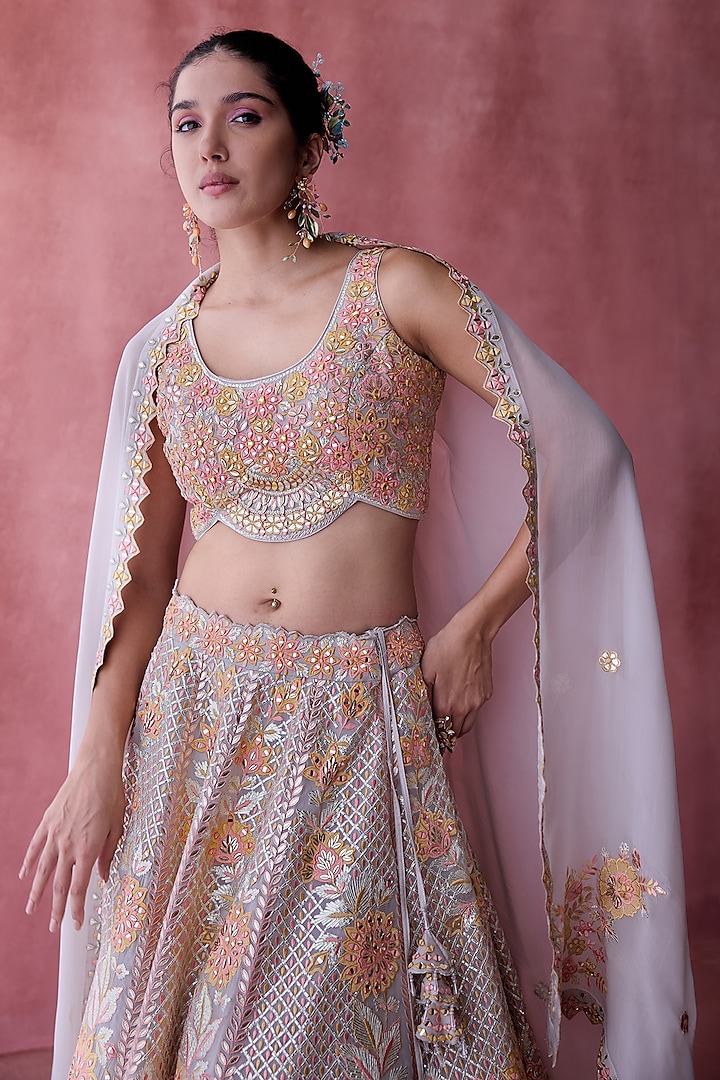 Grey Organza Gota & Resham Embroidered Wedding Lehenga Set by Suhino at Pernia's Pop Up Shop