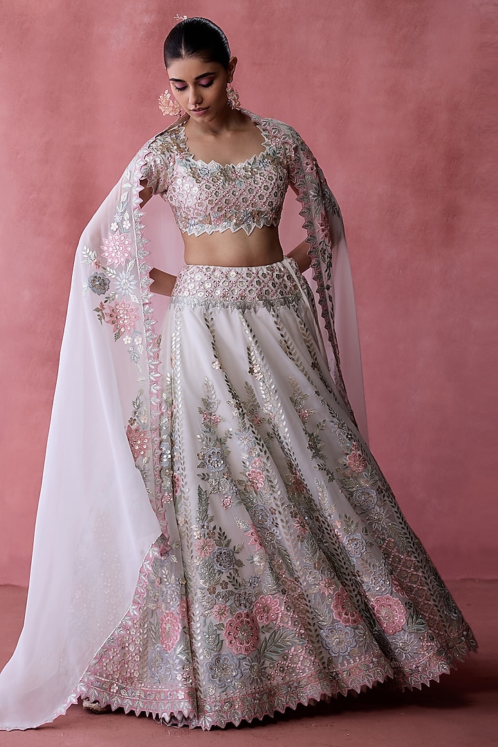 White Organza Gota & Resham Embroidered Wedding Lehenga Set by Suhino at Pernia's Pop Up Shop