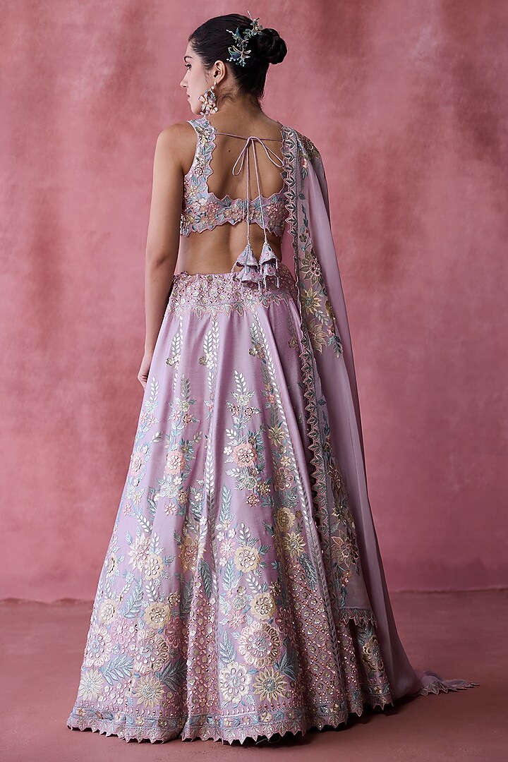 Purple Slub Silk Gota & Mirror Embroidered Wedding Lehenga Set by Suhino at Pernia's Pop Up Shop