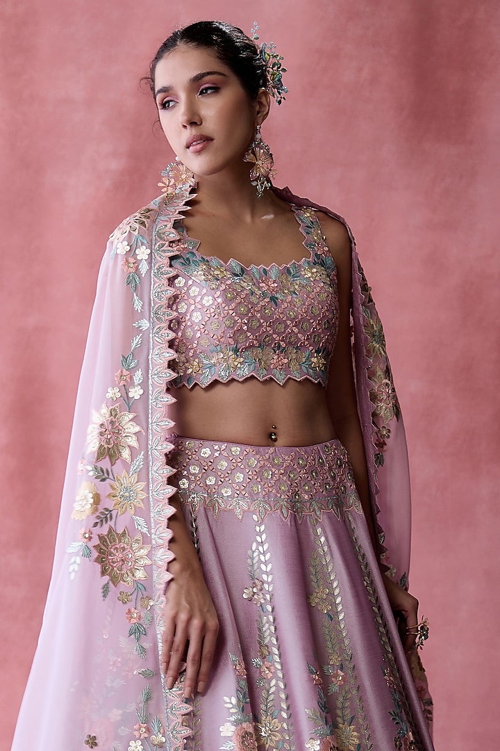 Purple Slub Silk Gota & Mirror Embroidered Wedding Lehenga Set by Suhino at Pernia's Pop Up Shop