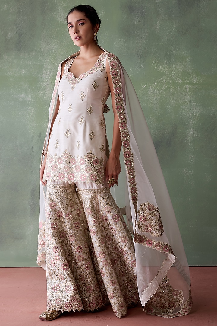 White Organza Zari & Mirror Embroidered Gharara Set by Suhino at Pernia's Pop Up Shop