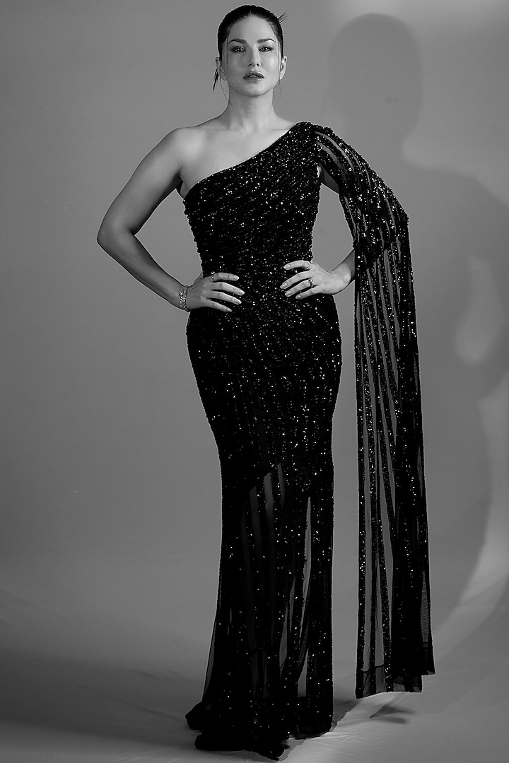 Black Poly Net Crystal & Sequin Hand Embroidered One-Shoulder Gown by Eli Bitton