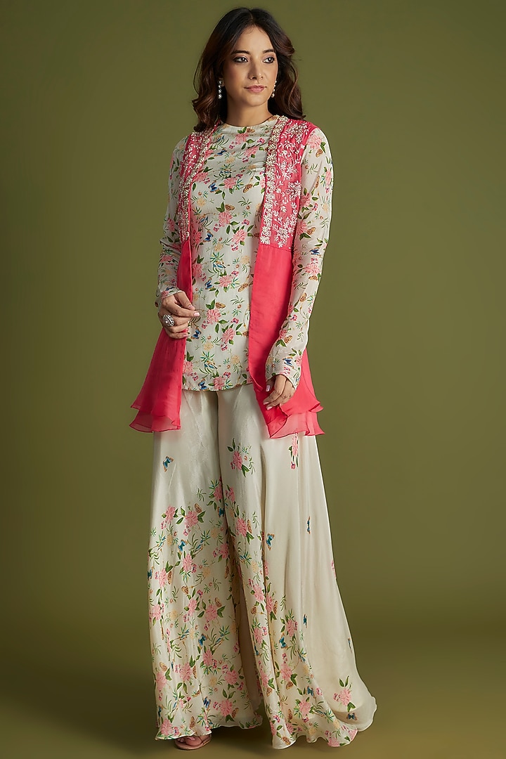 Off-White Georgette Crepe Embroidered Party Wear Sharara Set by Suruchi Parakh at Pernia's Pop Up Shop