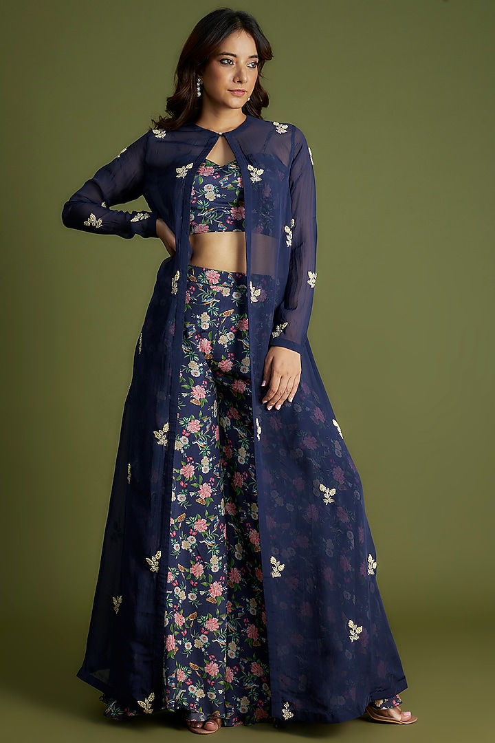 Blue Georgette Crepe Embroidered Jacket Set by Suruchi Parakh at Pernia's Pop Up Shop