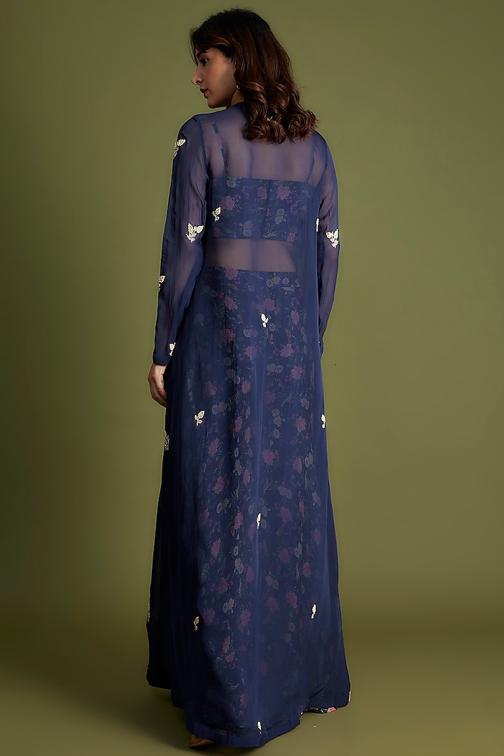 Blue Georgette Crepe Embroidered Jacket Set by Suruchi Parakh at Pernia's Pop Up Shop