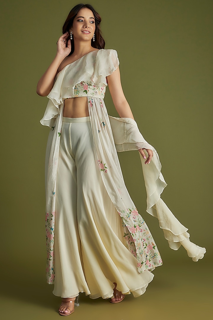 White Crepe Georgette Flared Pant Set by Suruchi Parakh at Pernia's Pop Up Shop