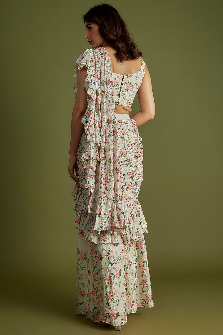 Off-White Georgette Crepe Pre-Draped Ruffled Party Wear Saree Set by Suruchi Parakh at Pernia's Pop Up Shop