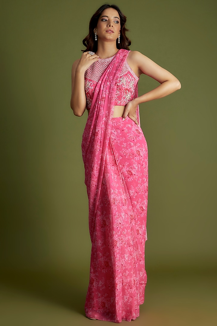 Pink Pre-Draped Georgette Wedding Saree set by Suruchi Parakh at Pernia's Pop Up Shop