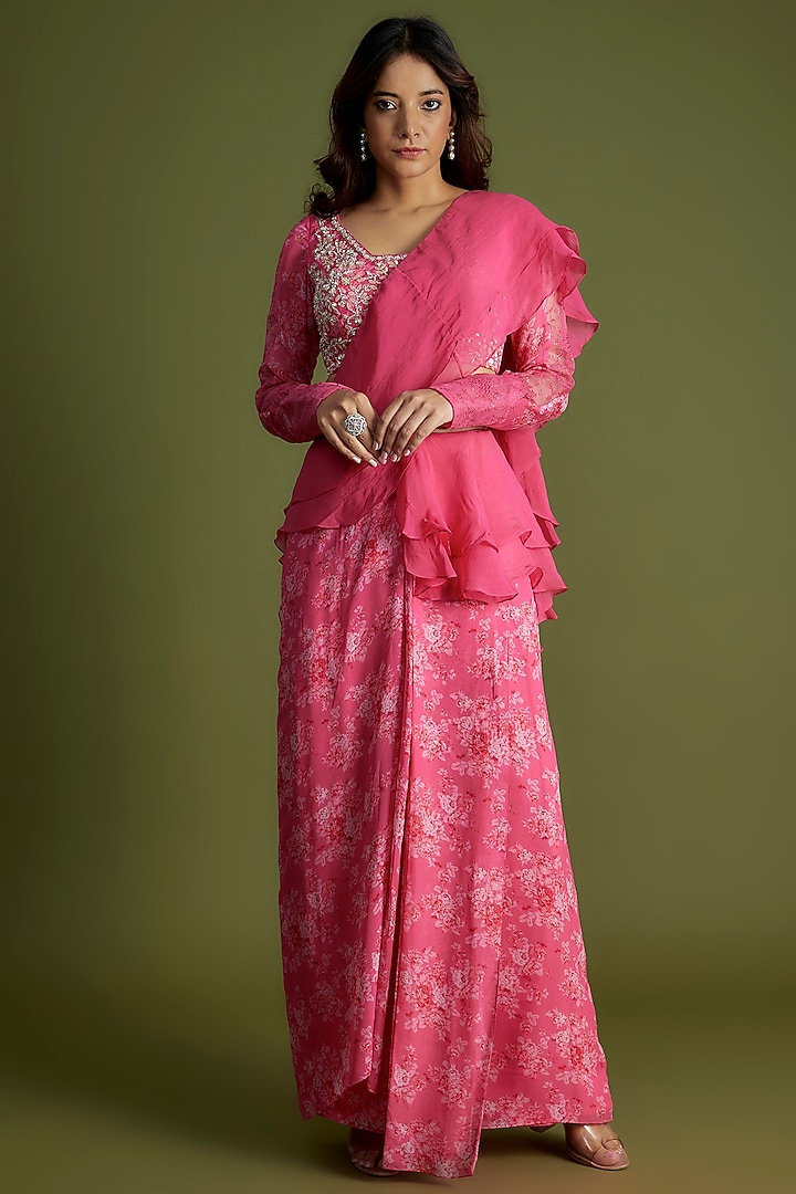 Pink Georgette Pre-Draped Skirt Wedding Saree Set by Suruchi Parakh at Pernia's Pop Up Shop
