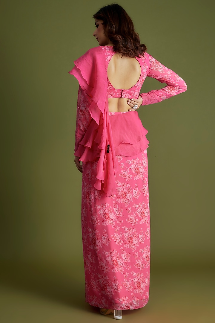 Pink Georgette Pre-Draped Skirt Wedding Saree Set by Suruchi Parakh at Pernia's Pop Up Shop