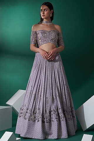 Lilac Satin Silk & Georgette Crepe Hand Embroidered Lehenga Set by Suruchi Parakh