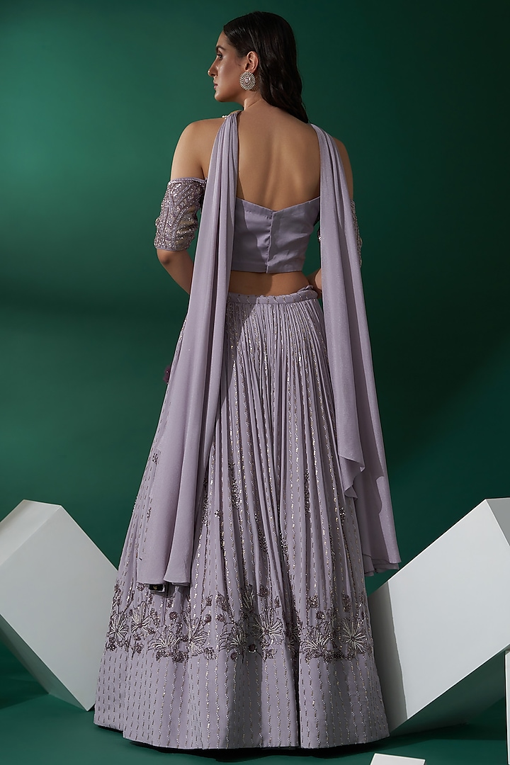 Lilac Satin Silk & Georgette Crepe Hand Embroidered Wedding Lehenga Set by Suruchi Parakh at Pernia's Pop Up Shop